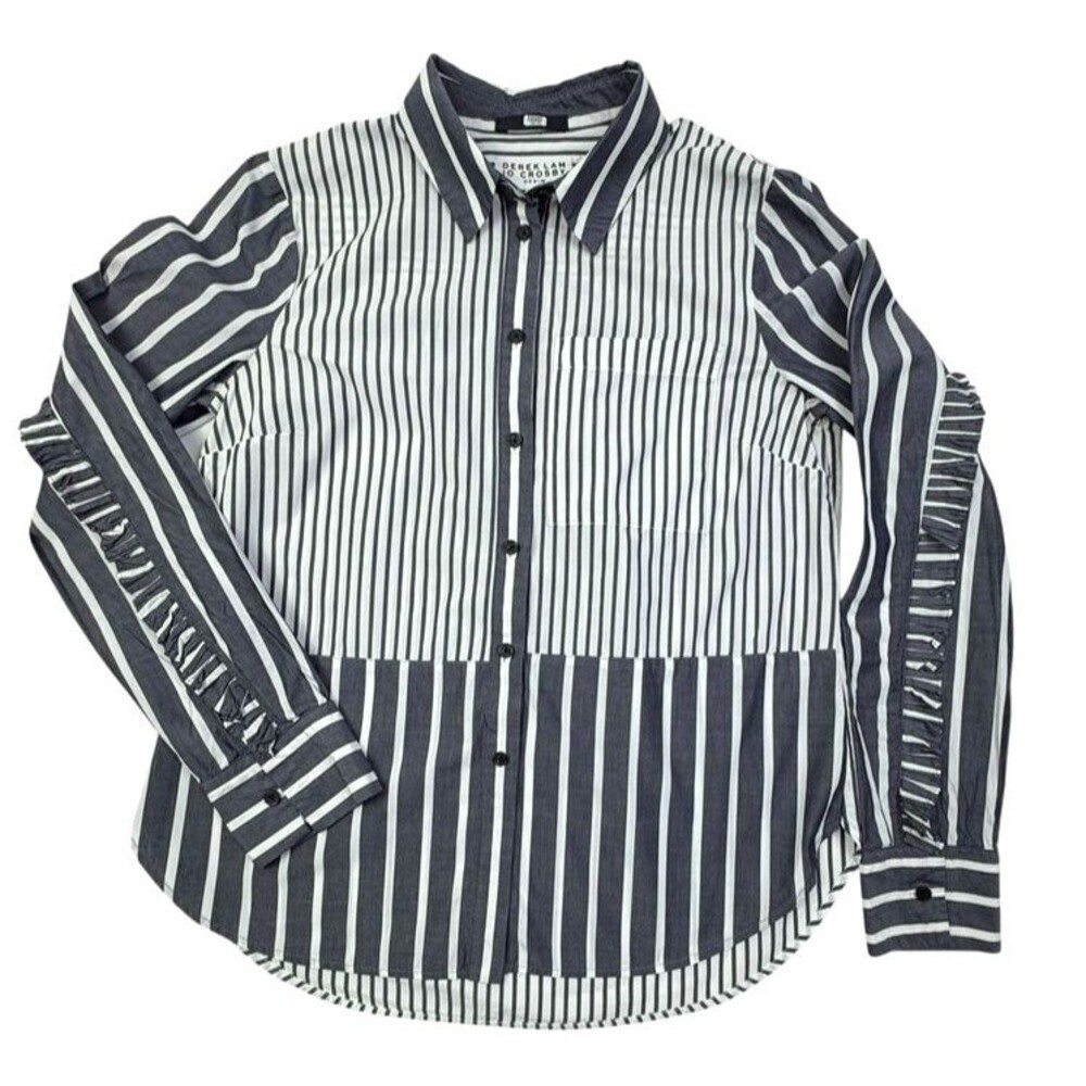 Derek Lam 10 Crosby Denim Mixed Ruffle Stripe Button Down Shirt Blue White M